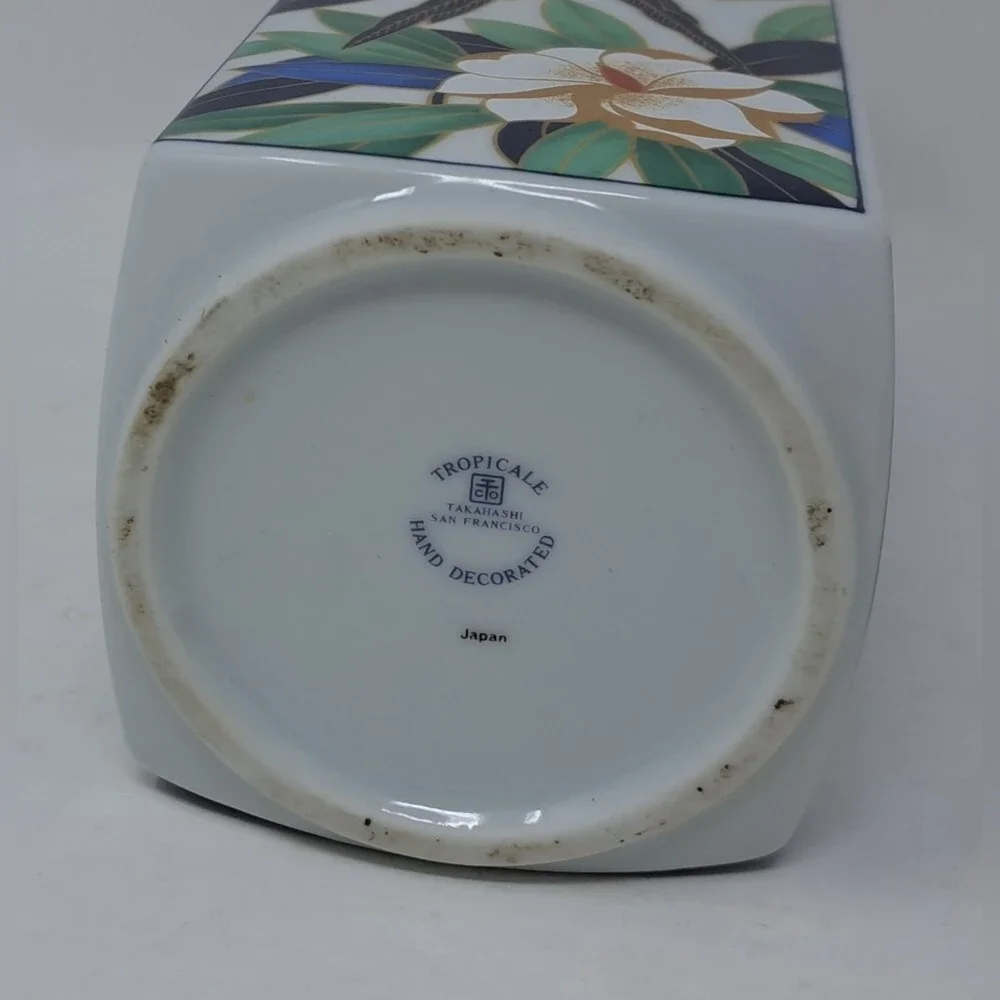 Vintage Takahashi Tropicale Vase Hand Decorated Parrots & Floral Japan 7
